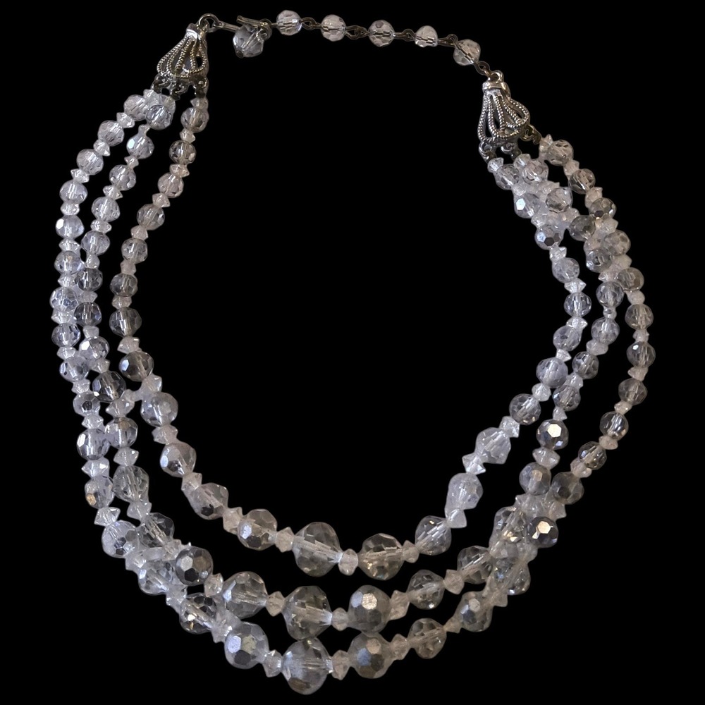 Vintage Crystal Choker 3 Strand Clear Gray Glass Necklace Bridal Elegant Layered